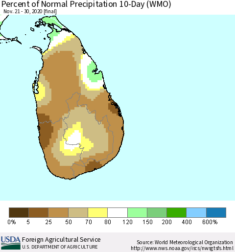 Sri Lanka Percent of Normal Precipitation 10-Day (WMO) Thematic Map For 11/21/2020 - 11/30/2020