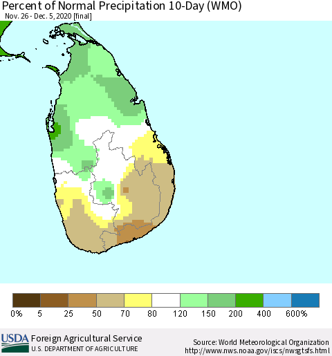 Sri Lanka Percent of Normal Precipitation 10-Day (WMO) Thematic Map For 11/26/2020 - 12/5/2020