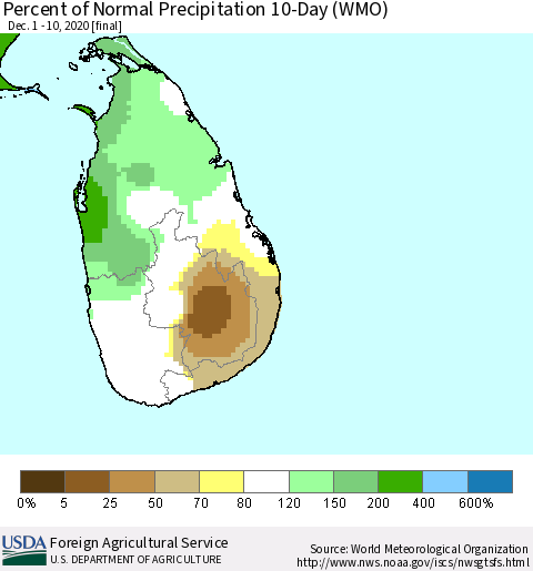 Sri Lanka Percent of Normal Precipitation 10-Day (WMO) Thematic Map For 12/1/2020 - 12/10/2020