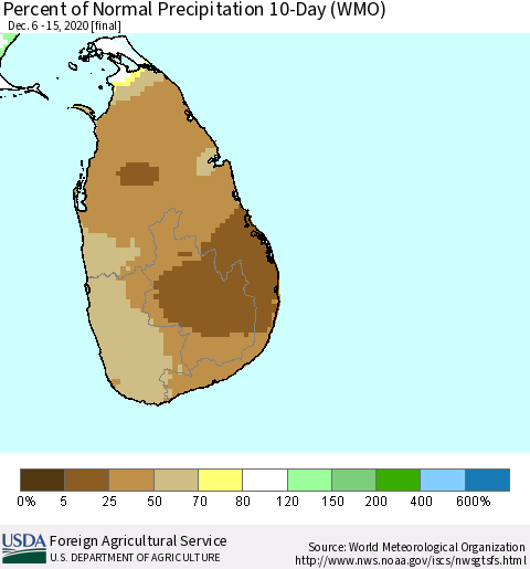 Sri Lanka Percent of Normal Precipitation 10-Day (WMO) Thematic Map For 12/6/2020 - 12/15/2020