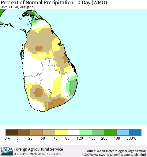 Sri Lanka Percent of Normal Precipitation 10-Day (WMO) Thematic Map For 12/11/2020 - 12/20/2020
