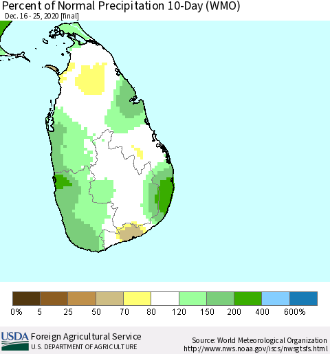 Sri Lanka Percent of Normal Precipitation 10-Day (WMO) Thematic Map For 12/16/2020 - 12/25/2020