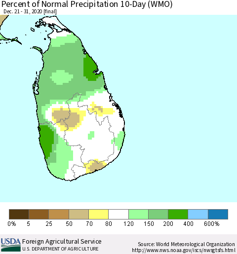 Sri Lanka Percent of Normal Precipitation 10-Day (WMO) Thematic Map For 12/21/2020 - 12/31/2020