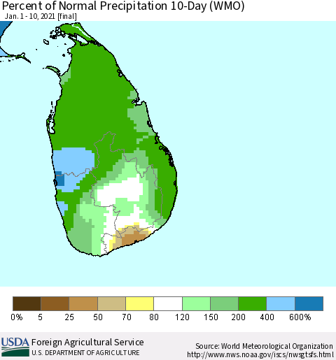 Sri Lanka Percent of Normal Precipitation 10-Day (WMO) Thematic Map For 1/1/2021 - 1/10/2021