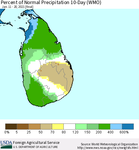 Sri Lanka Percent of Normal Precipitation 10-Day (WMO) Thematic Map For 1/11/2021 - 1/20/2021