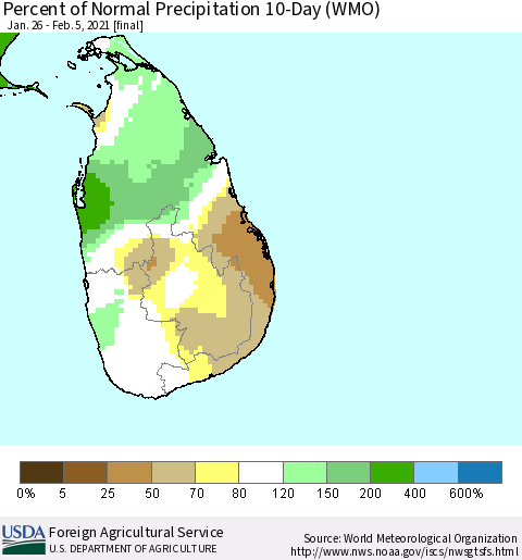 Sri Lanka Percent of Normal Precipitation 10-Day (WMO) Thematic Map For 1/26/2021 - 2/5/2021