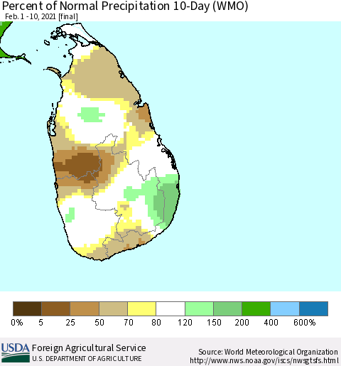 Sri Lanka Percent of Normal Precipitation 10-Day (WMO) Thematic Map For 2/1/2021 - 2/10/2021
