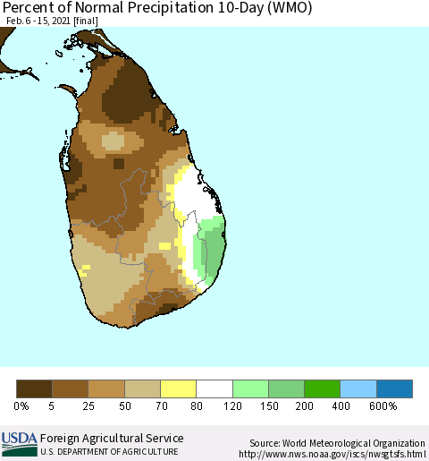 Sri Lanka Percent of Normal Precipitation 10-Day (WMO) Thematic Map For 2/6/2021 - 2/15/2021