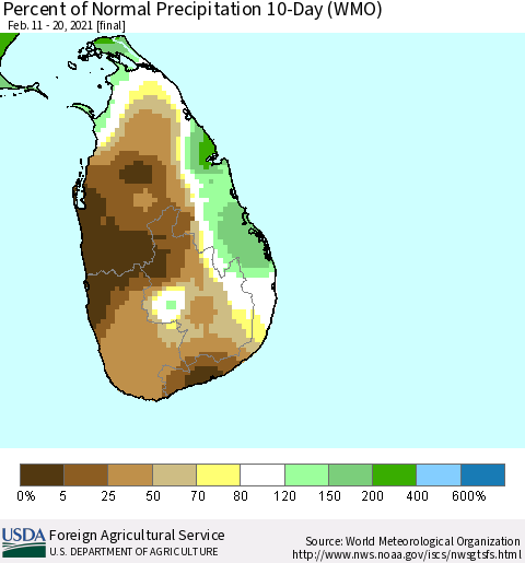 Sri Lanka Percent of Normal Precipitation 10-Day (WMO) Thematic Map For 2/11/2021 - 2/20/2021