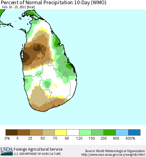 Sri Lanka Percent of Normal Precipitation 10-Day (WMO) Thematic Map For 2/16/2021 - 2/25/2021