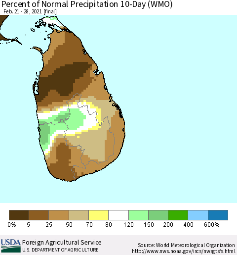 Sri Lanka Percent of Normal Precipitation 10-Day (WMO) Thematic Map For 2/21/2021 - 2/28/2021
