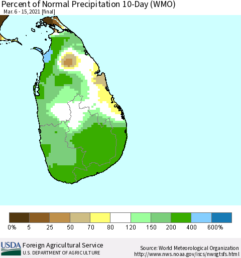 Sri Lanka Percent of Normal Precipitation 10-Day (WMO) Thematic Map For 3/6/2021 - 3/15/2021