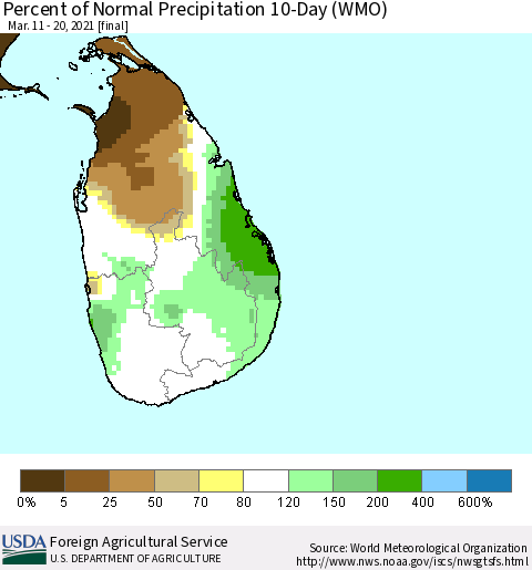 Sri Lanka Percent of Normal Precipitation 10-Day (WMO) Thematic Map For 3/11/2021 - 3/20/2021