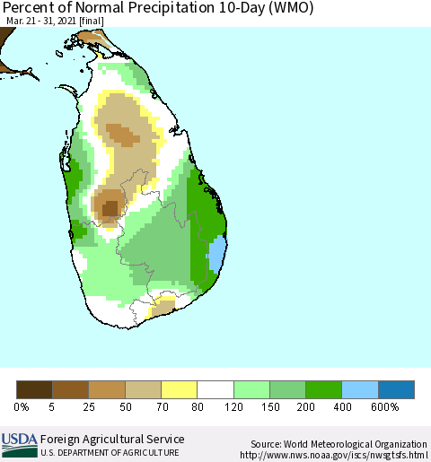 Sri Lanka Percent of Normal Precipitation 10-Day (WMO) Thematic Map For 3/21/2021 - 3/31/2021