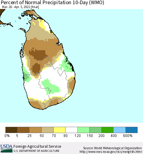 Sri Lanka Percent of Normal Precipitation 10-Day (WMO) Thematic Map For 3/26/2021 - 4/5/2021