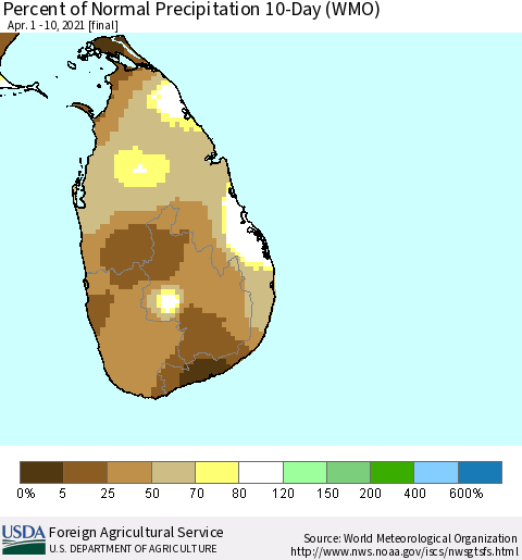 Sri Lanka Percent of Normal Precipitation 10-Day (WMO) Thematic Map For 4/1/2021 - 4/10/2021