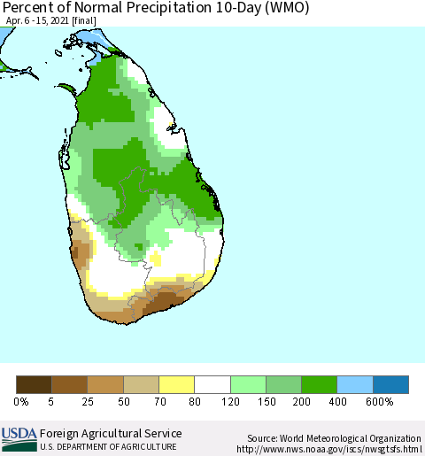 Sri Lanka Percent of Normal Precipitation 10-Day (WMO) Thematic Map For 4/6/2021 - 4/15/2021