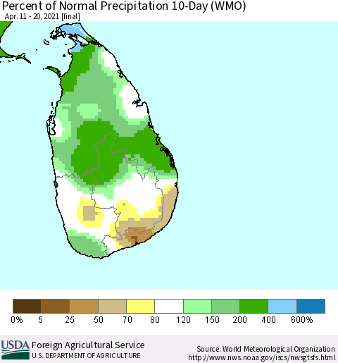 Sri Lanka Percent of Normal Precipitation 10-Day (WMO) Thematic Map For 4/11/2021 - 4/20/2021