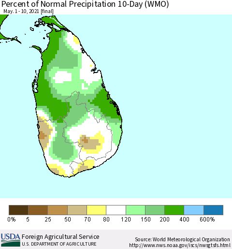 Sri Lanka Percent of Normal Precipitation 10-Day (WMO) Thematic Map For 5/1/2021 - 5/10/2021