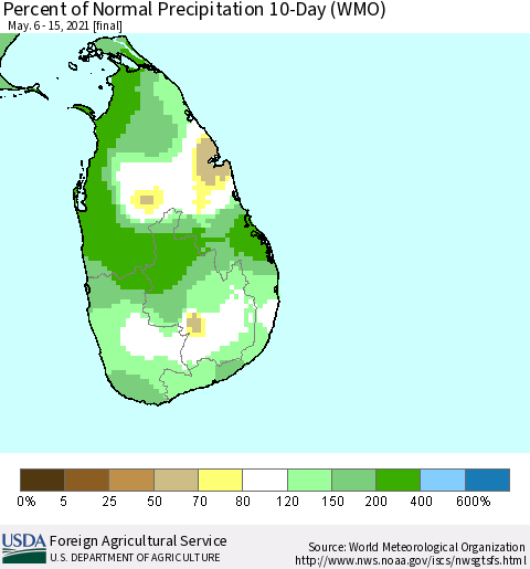Sri Lanka Percent of Normal Precipitation 10-Day (WMO) Thematic Map For 5/6/2021 - 5/15/2021