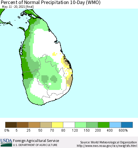Sri Lanka Percent of Normal Precipitation 10-Day (WMO) Thematic Map For 5/11/2021 - 5/20/2021