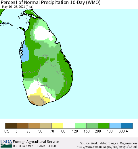Sri Lanka Percent of Normal Precipitation 10-Day (WMO) Thematic Map For 5/16/2021 - 5/25/2021
