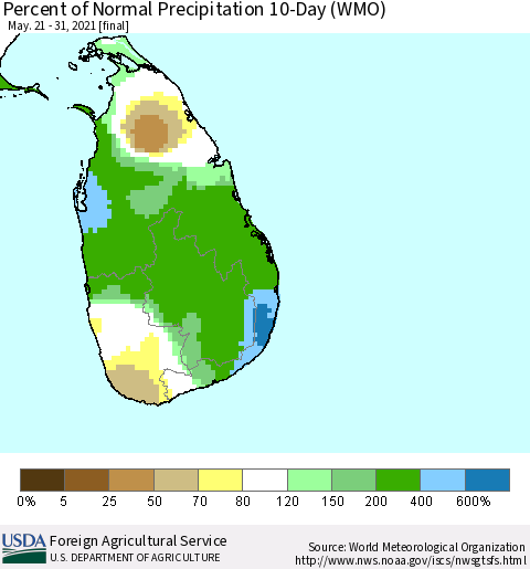 Sri Lanka Percent of Normal Precipitation 10-Day (WMO) Thematic Map For 5/21/2021 - 5/31/2021