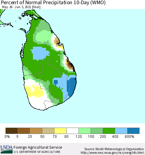 Sri Lanka Percent of Normal Precipitation 10-Day (WMO) Thematic Map For 5/26/2021 - 6/5/2021