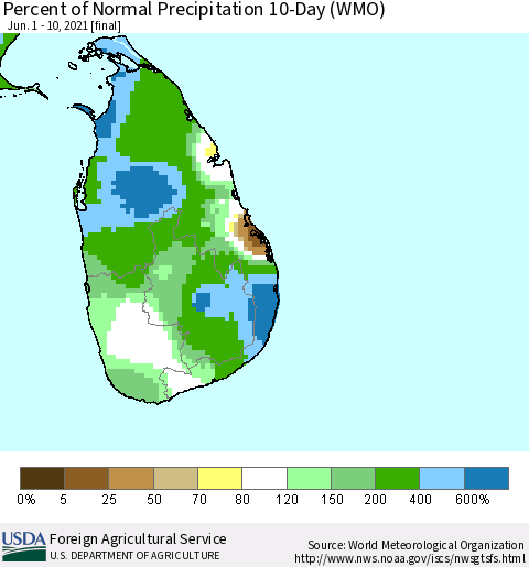 Sri Lanka Percent of Normal Precipitation 10-Day (WMO) Thematic Map For 6/1/2021 - 6/10/2021