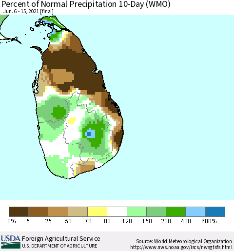 Sri Lanka Percent of Normal Precipitation 10-Day (WMO) Thematic Map For 6/6/2021 - 6/15/2021