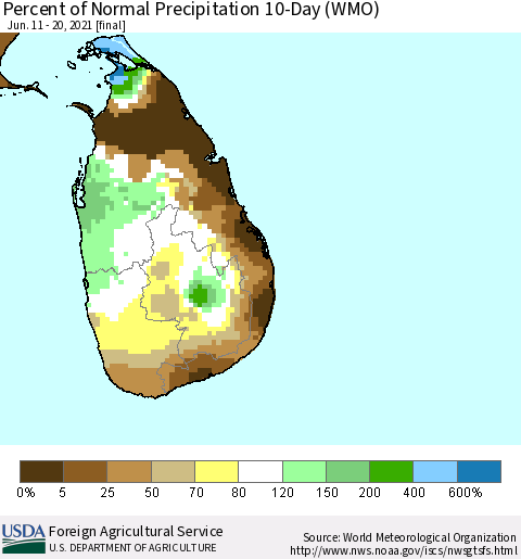 Sri Lanka Percent of Normal Precipitation 10-Day (WMO) Thematic Map For 6/11/2021 - 6/20/2021