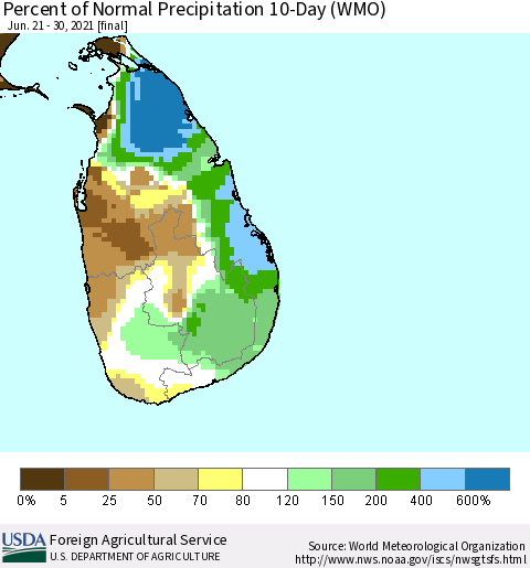 Sri Lanka Percent of Normal Precipitation 10-Day (WMO) Thematic Map For 6/21/2021 - 6/30/2021