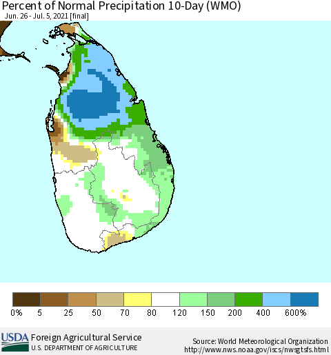 Sri Lanka Percent of Normal Precipitation 10-Day (WMO) Thematic Map For 6/26/2021 - 7/5/2021