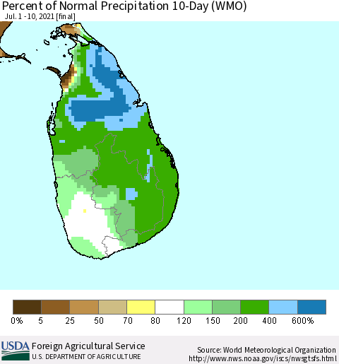 Sri Lanka Percent of Normal Precipitation 10-Day (WMO) Thematic Map For 7/1/2021 - 7/10/2021