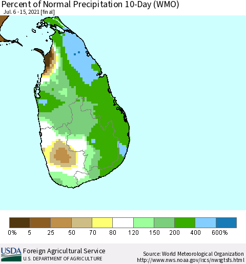 Sri Lanka Percent of Normal Precipitation 10-Day (WMO) Thematic Map For 7/6/2021 - 7/15/2021