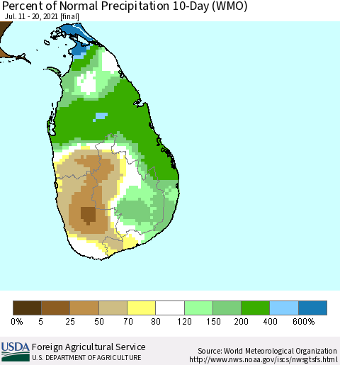 Sri Lanka Percent of Normal Precipitation 10-Day (WMO) Thematic Map For 7/11/2021 - 7/20/2021