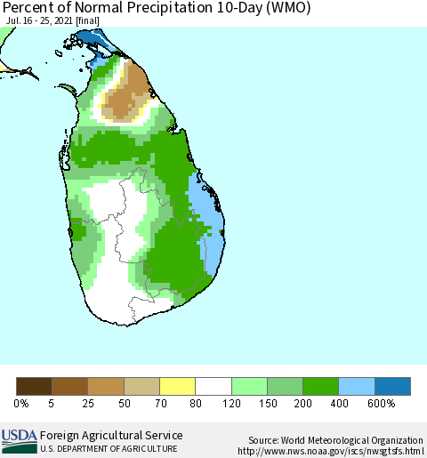 Sri Lanka Percent of Normal Precipitation 10-Day (WMO) Thematic Map For 7/16/2021 - 7/25/2021
