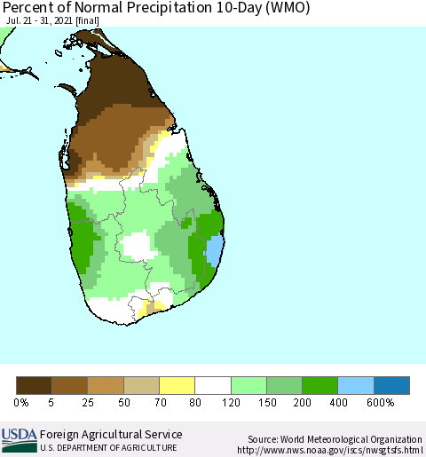 Sri Lanka Percent of Normal Precipitation 10-Day (WMO) Thematic Map For 7/21/2021 - 7/31/2021