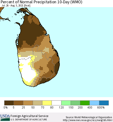 Sri Lanka Percent of Normal Precipitation 10-Day (WMO) Thematic Map For 7/26/2021 - 8/5/2021