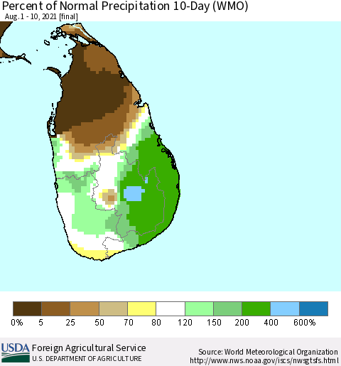 Sri Lanka Percent of Normal Precipitation 10-Day (WMO) Thematic Map For 8/1/2021 - 8/10/2021