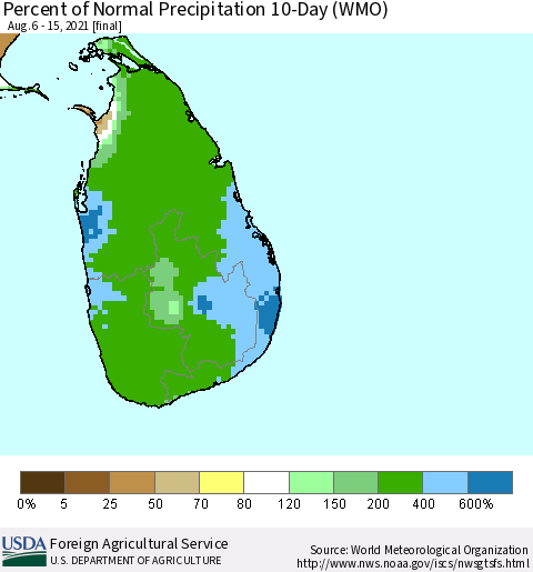 Sri Lanka Percent of Normal Precipitation 10-Day (WMO) Thematic Map For 8/6/2021 - 8/15/2021
