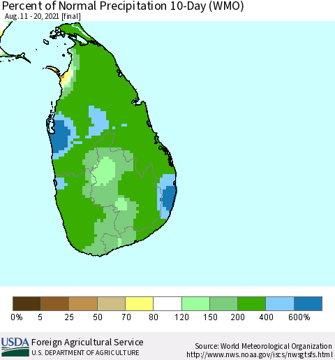 Sri Lanka Percent of Normal Precipitation 10-Day (WMO) Thematic Map For 8/11/2021 - 8/20/2021