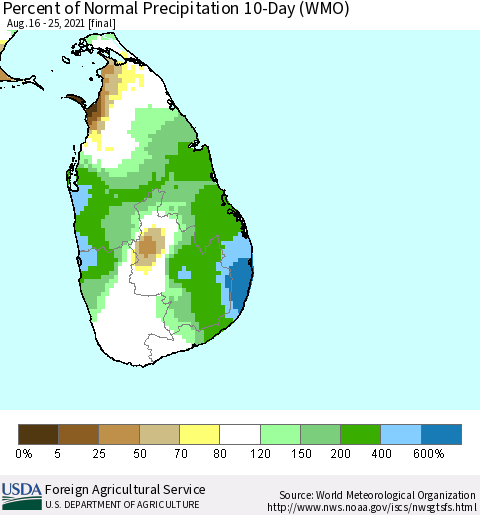 Sri Lanka Percent of Normal Precipitation 10-Day (WMO) Thematic Map For 8/16/2021 - 8/25/2021