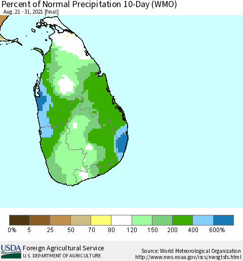 Sri Lanka Percent of Normal Precipitation 10-Day (WMO) Thematic Map For 8/21/2021 - 8/31/2021
