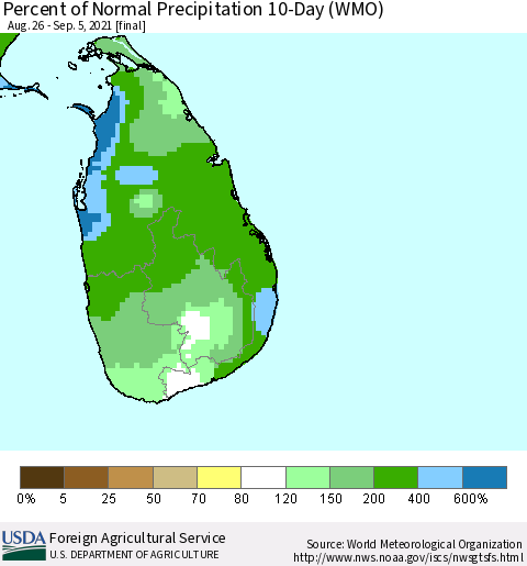 Sri Lanka Percent of Normal Precipitation 10-Day (WMO) Thematic Map For 8/26/2021 - 9/5/2021