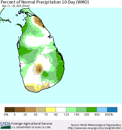 Sri Lanka Percent of Normal Precipitation 10-Day (WMO) Thematic Map For 9/11/2021 - 9/20/2021