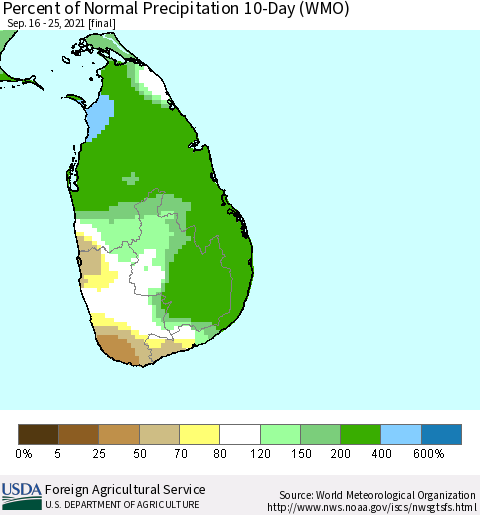 Sri Lanka Percent of Normal Precipitation 10-Day (WMO) Thematic Map For 9/16/2021 - 9/25/2021