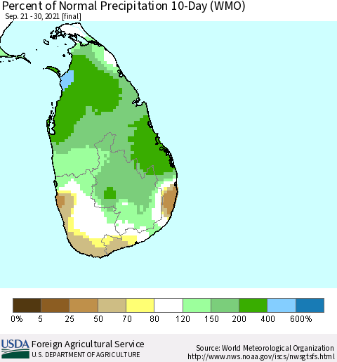 Sri Lanka Percent of Normal Precipitation 10-Day (WMO) Thematic Map For 9/21/2021 - 9/30/2021