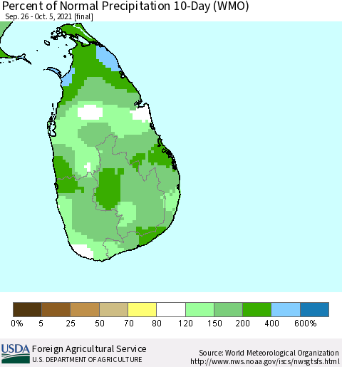 Sri Lanka Percent of Normal Precipitation 10-Day (WMO) Thematic Map For 9/26/2021 - 10/5/2021
