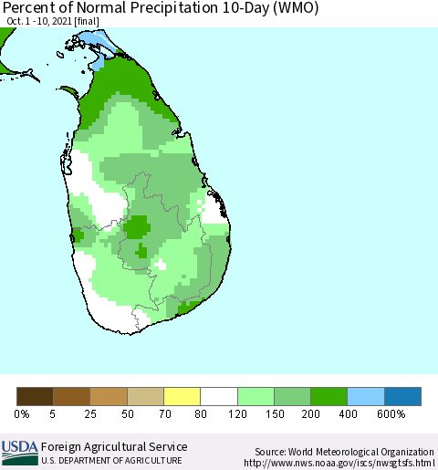 Sri Lanka Percent of Normal Precipitation 10-Day (WMO) Thematic Map For 10/1/2021 - 10/10/2021